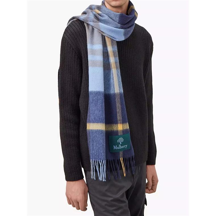 Mulberry Small Check Merino Wool Scarf Cornflower Blue